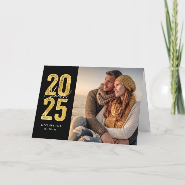Cheers To 2025 Gold Typography New Year Photo Holiday Card (Front)