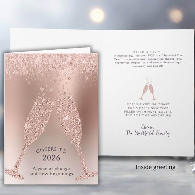 Cheers to 2026 Year of Change New Year Holiday Card (Cheers to 2026 Year of Change Rose Gold Folded New Year Greeting Card)