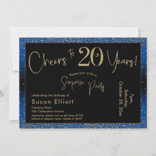 Cheers to 20 Years Surprise Birthday Gold & Blue Invitation