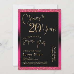 Cheers to 20 Years Surprise Birthday Party, Pink Invitation