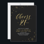 Cheers to 21 | Gold & Black 21st Birthday Party Invitation<br><div class="desc">Let's celebrate your special day with this stylish 21st birthday party invitation. This design features chic gold typography "Cheers to 21" and gold elements with a black background. You can customise the text and background colour. More matching party supplies are available at my shop BaraBomDesign.</div>