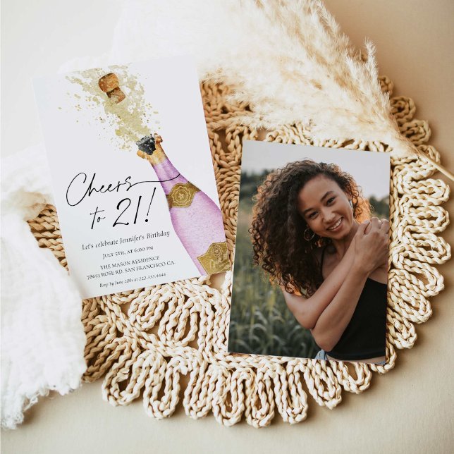 Cheers to 21 Purple and Gold Photo Birthday Invitation (Creator Uploaded)