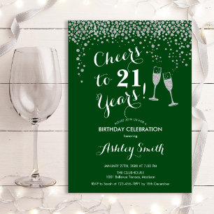  Cheers To 21 Years Birthday Forest Green Silver Invitation