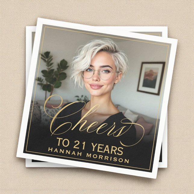 Cheers to 21 Years Birthday Photo Gold Black Napkin (Creator Uploaded)