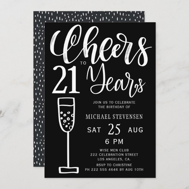Cheers to 21 years black and white birthday party invitation (Front/Back)