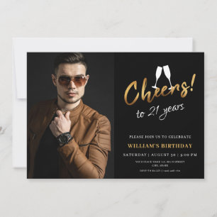 Cheers to 21 Years Gold Black Adult Birthday Photo Invitation