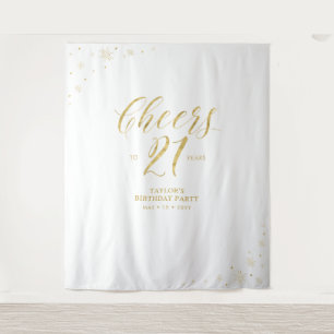 Cheers to 21 years Gold & White Birthday Party Tapestry
