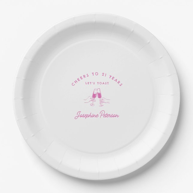 Cheers to 21 Years Pink 21st Birthday Custom Paper Plate (Front)