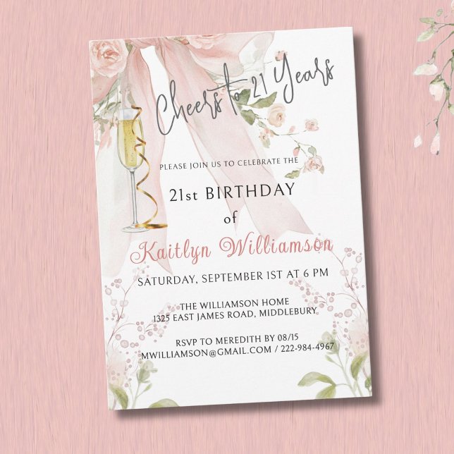 Cheers to 21 Years Pink Bow Floral  Invitation (Creator Uploaded)
