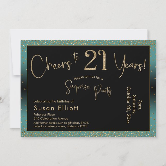Cheers to 21 Years Surprise Birthday Teal and Gold Invitation (Front)