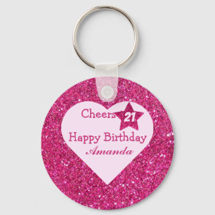 Cheers to 21st Birthday Pink Glitter Heart Favours Key Ring