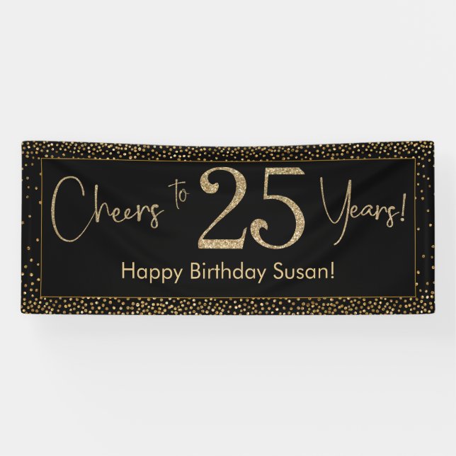 Cheers to 25 Years Birthday Black w/ Gold Confetti Banner (Horizontal)