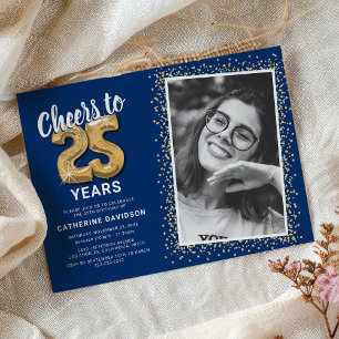 Cheers to 25 Years Navy Gold Photo Invitation