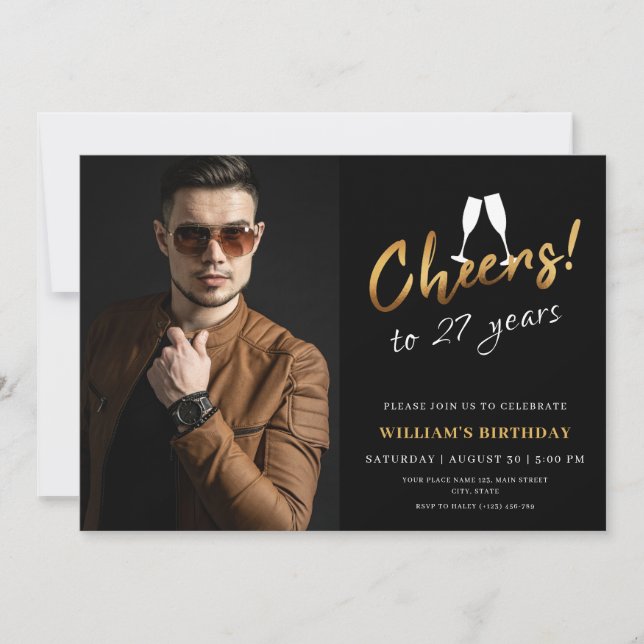 Cheers to 27 Years Gold Black Adult Birthday Photo Invitation (Front)