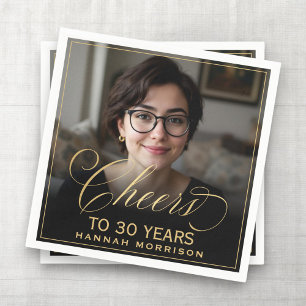Cheers to 30 Years Birthday Photo Gold Black Napkin