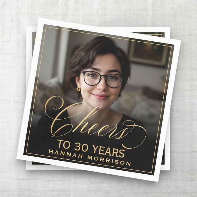 Cheers to 30 Years Birthday Photo Gold Black Napkin (Creator Uploaded)