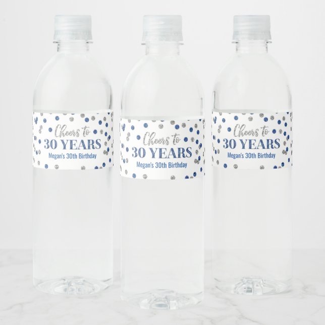 Cheers to 30 Years Blue Silver Confetti Birthday Water Bottle Label (Bottles)