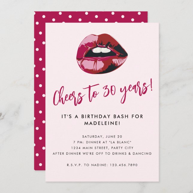 Cheers to 30 Years Bold Pink Lips Birthday Invitation (Front/Back)