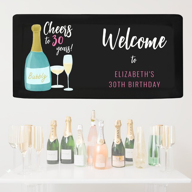 Cheers to 30 years bubbly 30th birthday party banner (Cheers to 30 years welcome banner for 30th birthday with champagne bubbly bottles and glasses.)