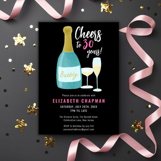 Cheers to 30 years bubbly 30th birthday party invitation (Cheers to 30 years, 30th birthday invitation champagne fizz bubbly themed birthday party celebration)