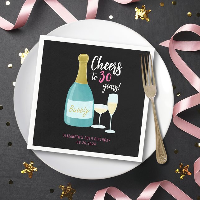 Cheers to 30 years bubbly 30th birthday party napkin (Cheers to 30 years, 30th birthday champagne illustrated paper napkins.)