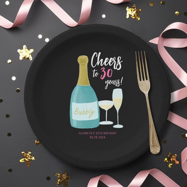 Cheers to 30 years bubbly 30th birthday party paper plate (Cheers to 30 Years, 30th birthday party plates & bowls with champagne illustration.)