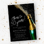 Cheers to 30 Years Champagne Bottle Birthday Invitation<br><div class="desc">Perfect 30th birthday invitation for a man or woman. An open champagne bottle with escaping bubbles creates a festive design. Cheers to 30 years is written in a modern and trendy script. The birthday details follow below. The white text pops against the black background. All of the text can be...</div>