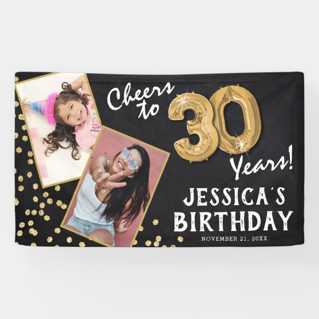 Cheers to 30 Years Gold Balloon 2 Photo Birthday Banner (Horizontal)