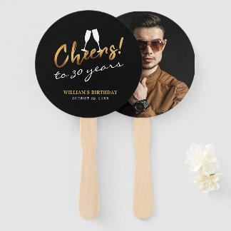 Cheers to 30 Years Gold Black Photo Adult Birthday Hand Fan