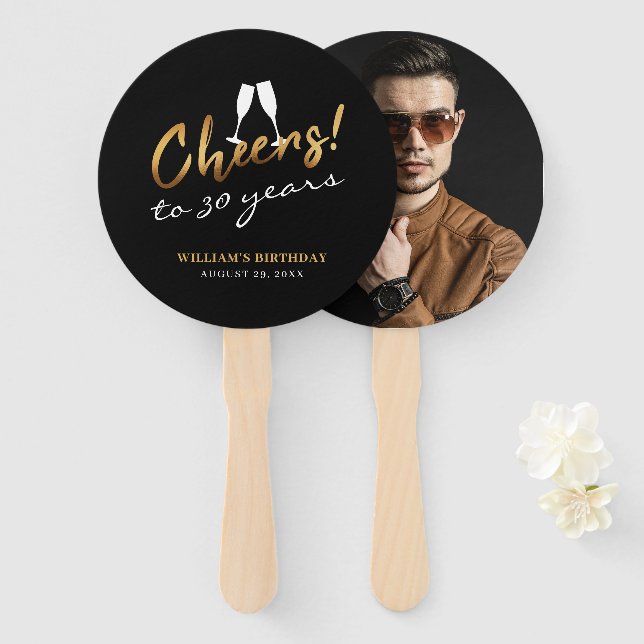 Cheers to 30 Years Gold Black Photo Adult Birthday Hand Fan (Front and Back)