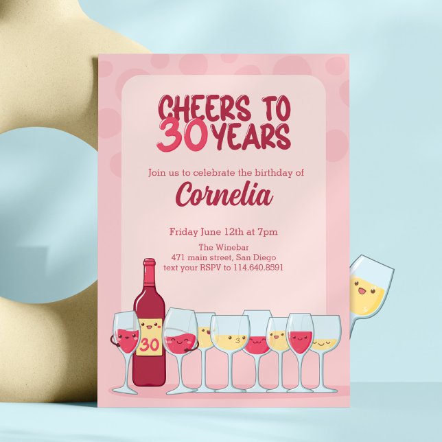Cheers to 30 years kawaii wine birthday Invitation (Creator Uploaded)