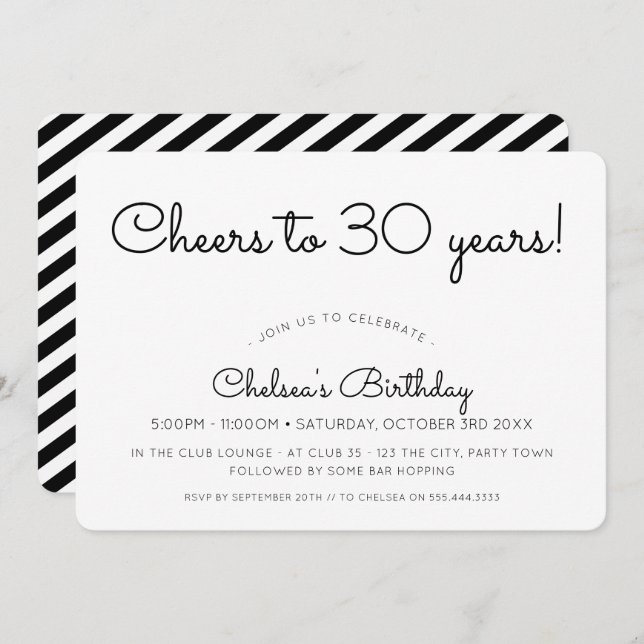 CHEERS TO 30 YEARS modern minimal party black Invitation (Front/Back)