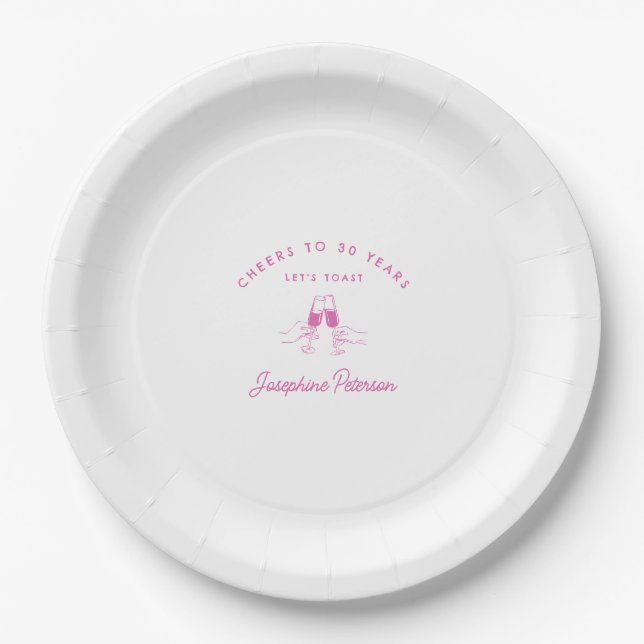 Cheers to 30 Years Pink 30th Birthday Custom Paper Plate (Front)