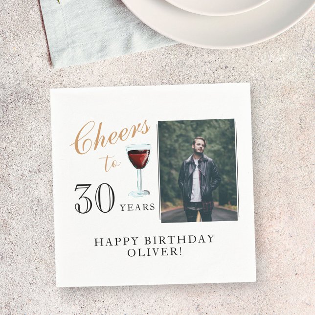 Cheers to 30 Years Red Wine 30th Birthday Photo Napkin (Creator Uploaded)