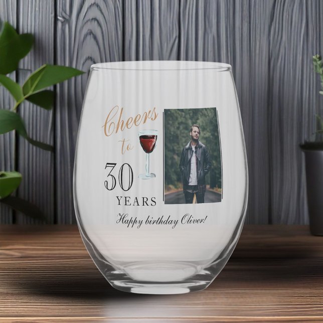 Cheers to 30 Years Red Wine 30th Birthday Photo Stemless Wine Glass (Creator Uploaded)