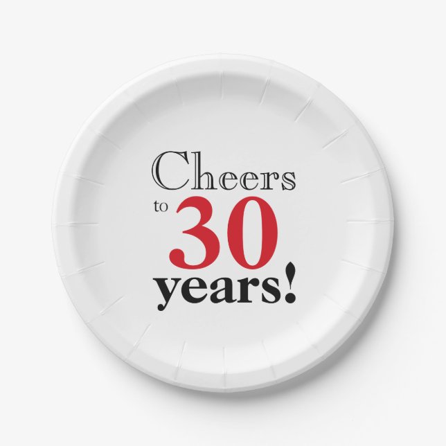 Cheers to 30 years retro cherry red black cool  paper plate (Front)