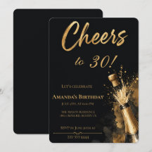 Cheers to 30th Birthday Black and Gold Invitation