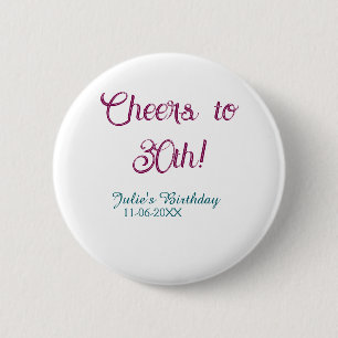 Cheers to 30th birthday name date mauve blue elega 6 cm round badge