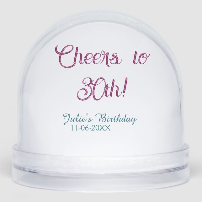 Cheers to 30th birthday name date mauve blue elega snowglobe (Front)
