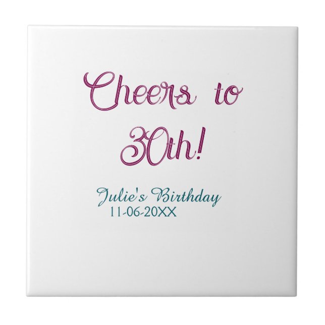 Cheers to 30th birthday name date mauve blue elega tile (Front)