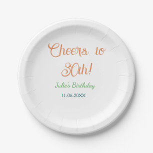 Cheers to 30th birthday name date orange green blu paper plate