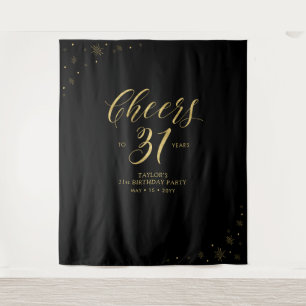 Cheers to 31 years   Gold & Black Birthday Party Tapestry