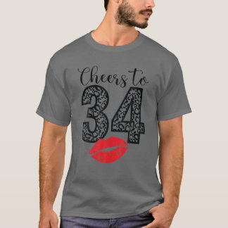 Cheers To 34 Years Lips Happy Birthday Leopard Bor T-Shirt