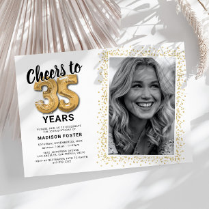 Cheers to 35 Years White Gold Photo Invitation