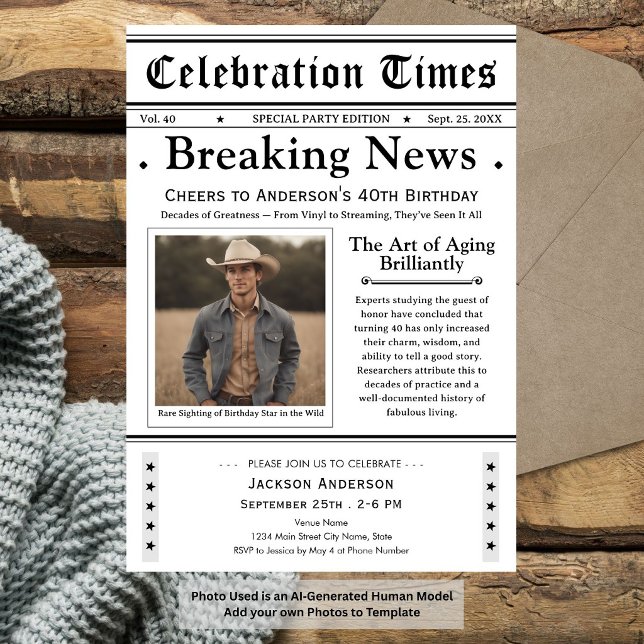 Cheers to 40! Newspaper Birthday  Invitation (Creator Uploaded)