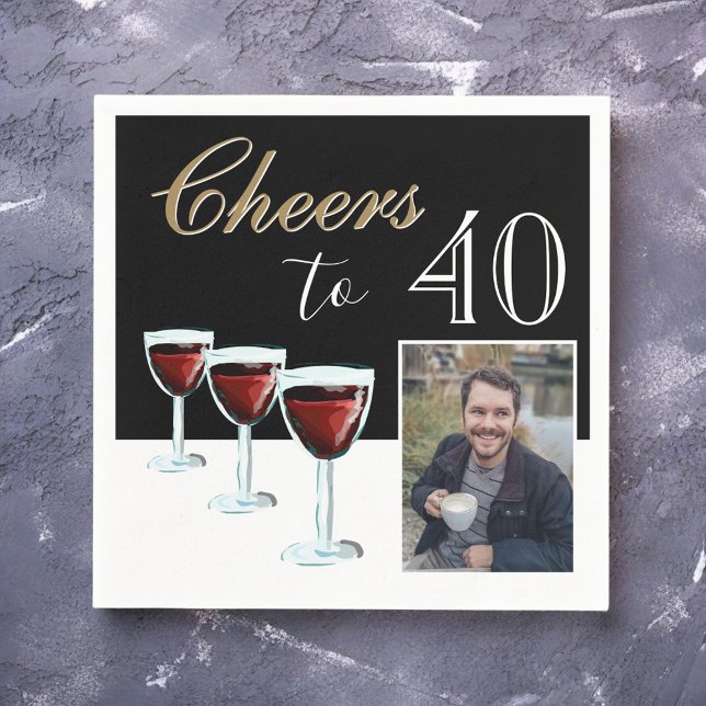 Cheers to 40 Red Wine Glass Photo 40th Birthday Napkin (Creator Uploaded)
