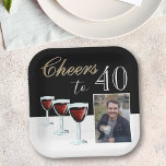 Cheers to 40 Red Wine Glass Photo 40th Birthday Paper Plate<br><div class="desc">Cheers to 40 Red Wine Glass Photo 40th Birthday Party Plates. Three red wine glasses,  trendy typography in white and golden colours and black background. Personalise the plates with your photo and the age number.</div>