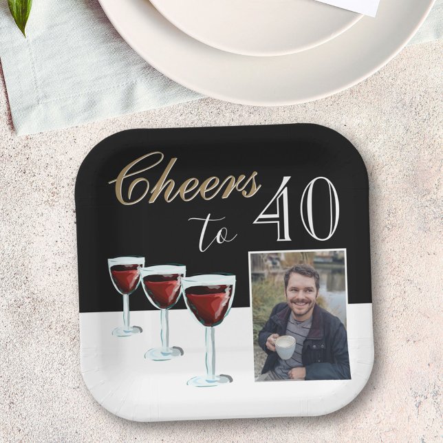 Cheers to 40 Red Wine Glass Photo 40th Birthday Paper Plate (Creator Uploaded)