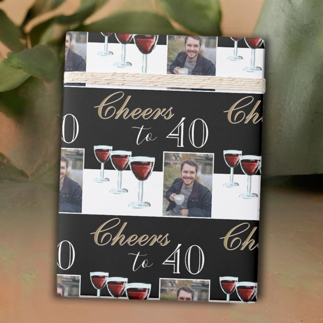 Cheers to 40 Red Wine Glass Photo 40th Birthday Wrapping Paper (Creator Uploaded)