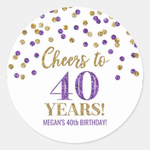 Cheers to 40 Years Birthday Gold Purple Confetti Classic Round Sticker